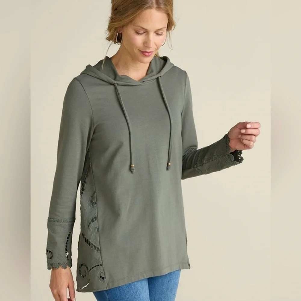 Soft Surroundings Dione Top Hoodie Women L Green Lace Eyelet Embroidered Boho